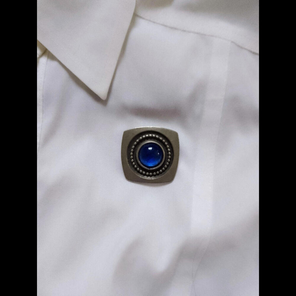 Rune Tennesmed Silvertone‎ Pewter Brooch Blue Cabochon Moulded Glass Swedish Pin